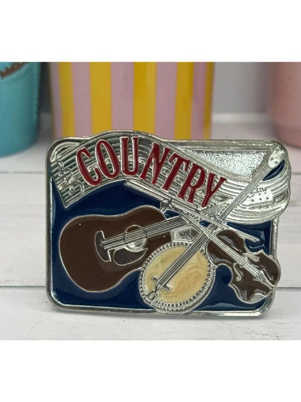 Country Music Belt Buckle With Guitar Banjo & Fiddle Design